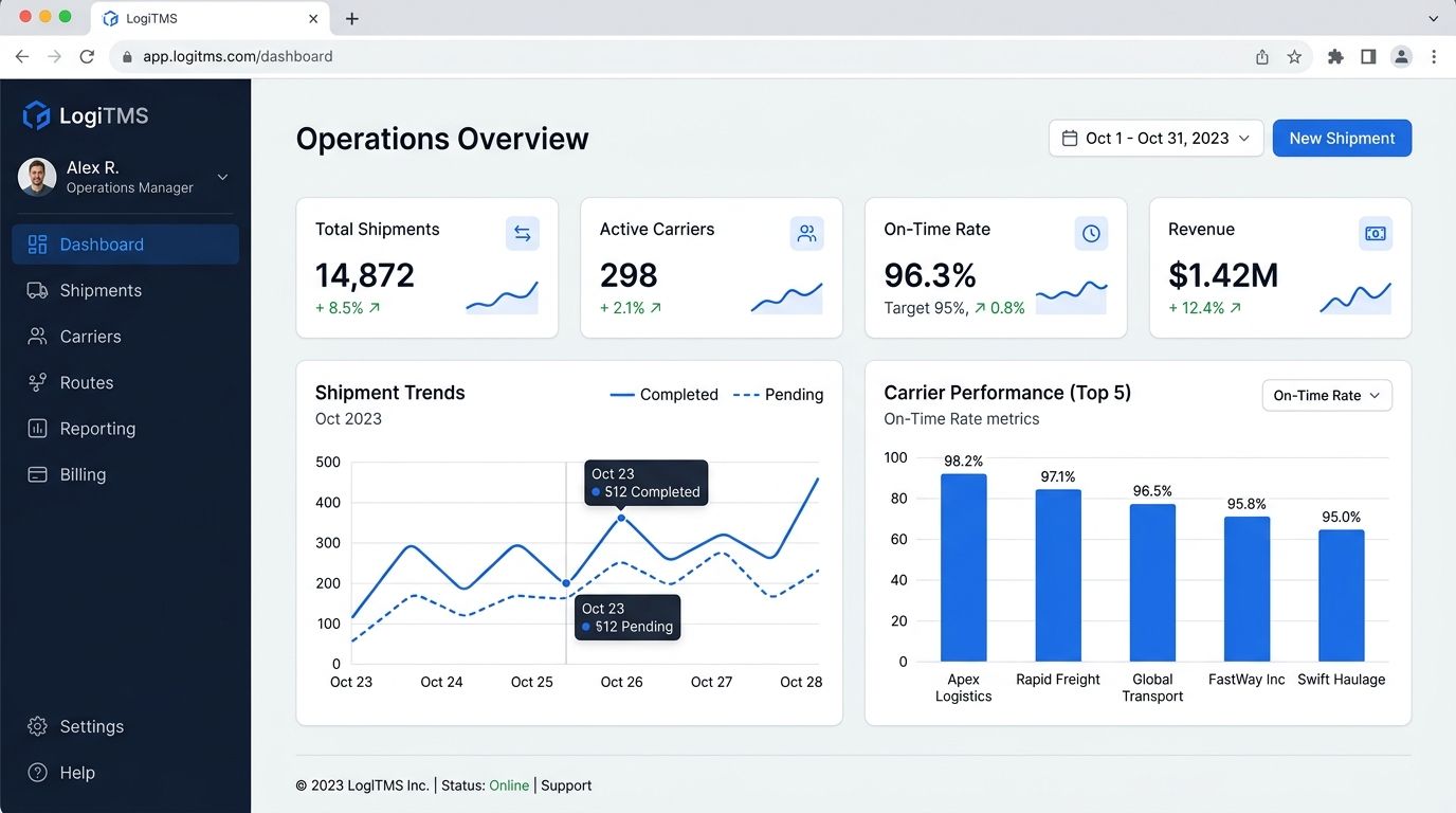 Boost TMS dashboard showing shipment tracking, carrier performance, and on-time delivery rate