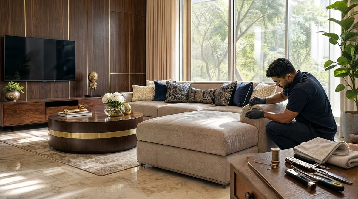 Professional sofa repair technician working on a premium leather sofa in a luxury Noida Expressway apartment — FurniRevive