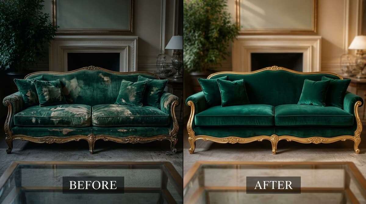 Before and after luxury sofa restoration in Delhi showing designer sofa transformed from worn velvet to pristine premium upholstery with gleaming wood frame by FurniRevive