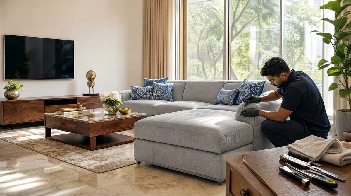Professional sofa repair technician working on an imported leather sofa in a DLF Gurgaon villa — FurniRevive