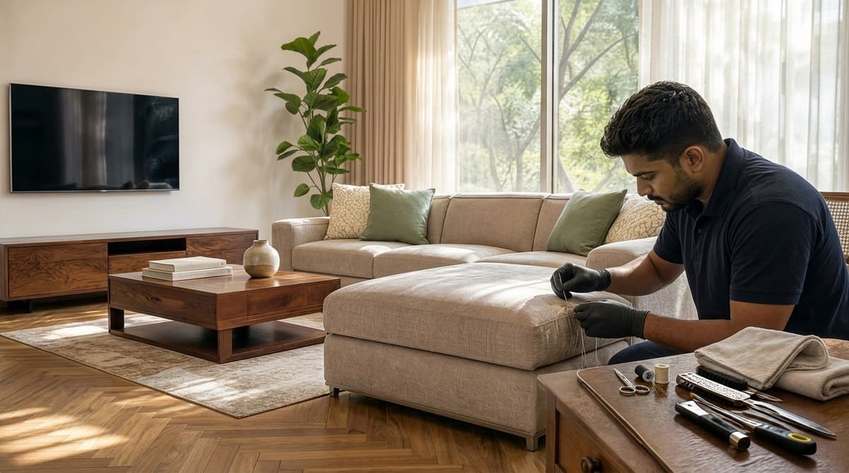 Professional sofa repair technician working on a warm cream premium fabric sofa in a luxury Noida home — FurniRevive — Noida (Sector 104)