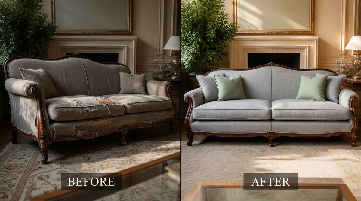 Before and after sofa repair in Chandigarh showing cushion restoration and fabric change by FurniRevive