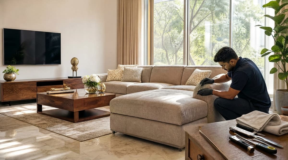 Professional sofa repair technician working on a beige premium fabric sofa in a luxury DLF Phase 1, Gurgaon home — FurniRevive
