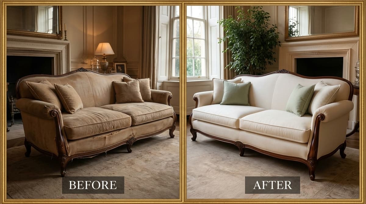 Before and after imported furniture repair in Delhi showing European sofa restored to original material quality and silhouette by FurniRevive specialists