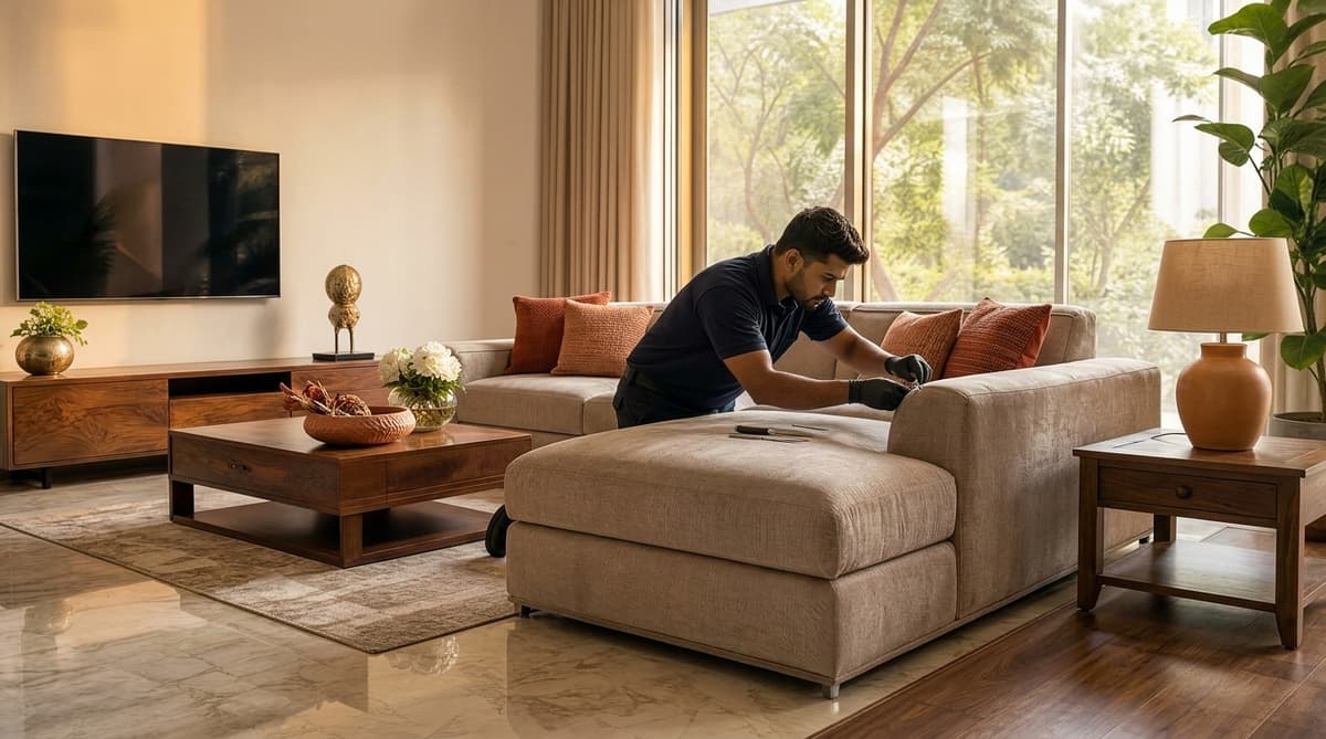 Professional sofa foam replacement technician working on a taupe premium fabric sofa in a luxury Faridabad home — FurniRevive