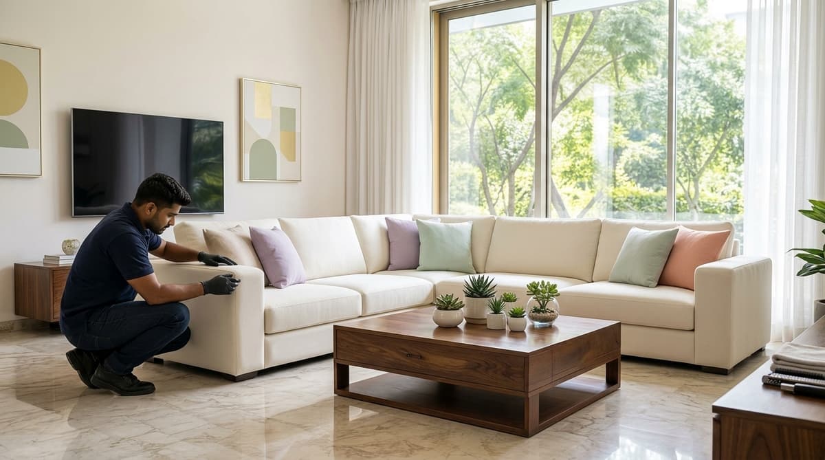 Professional sofa repair technician working on an ivory premium fabric sofa in a luxury South Delhi home (Gulmohar Park) — FurniRevive