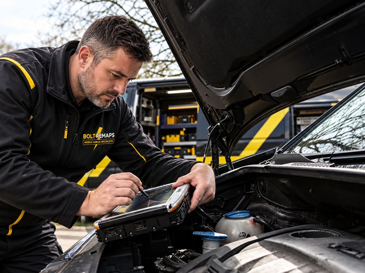 Bolt Remaps technician using a diagnostic tablet in the engine bay, next to the AdBlue filler