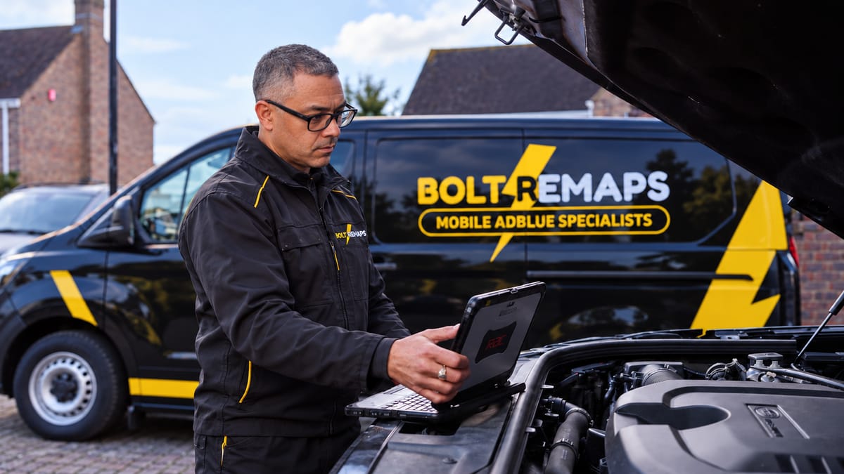 Bolt Remaps technician running live diagnostics on a laptop under an open bonnet, Bolt Remaps van behind