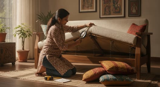 homeowner inspecting sofa frame and cushions to assess repair worthiness in Delhi living room