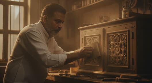 professional furniture restoration process - craftsman inspecting and refinishing antique wooden furniture in Delhi workshop