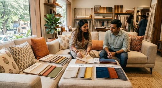 sofa fabric swatches compared for Delhi climate — cotton, microfibre, velvet, leather