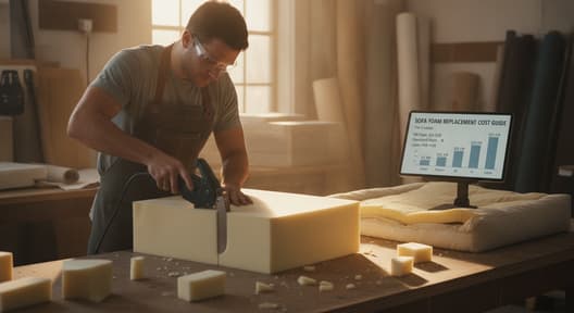 sofa foam replacement cost showing technician cutting HR foam for sofa cushion