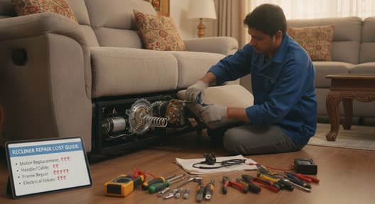 recliner repair cost showing technician working on recliner mechanism in Indian home