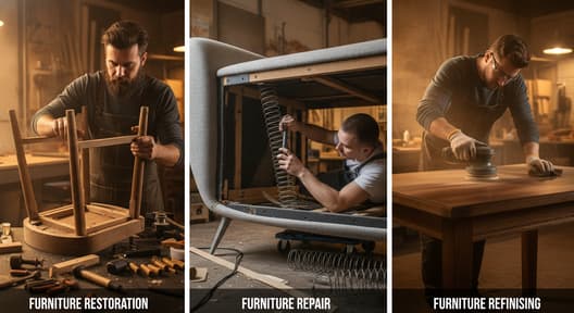 Expert craftsman comparing furniture restoration, repair, and refinishing techniques on a wooden cabinet in Delhi workshop