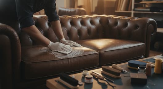 leather sofa upholstery restoration showing expert craftsman working on premium leather sofa