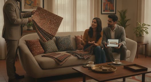 custom sofa upholstery design consultation with fabric swatches in a modern Indian home
