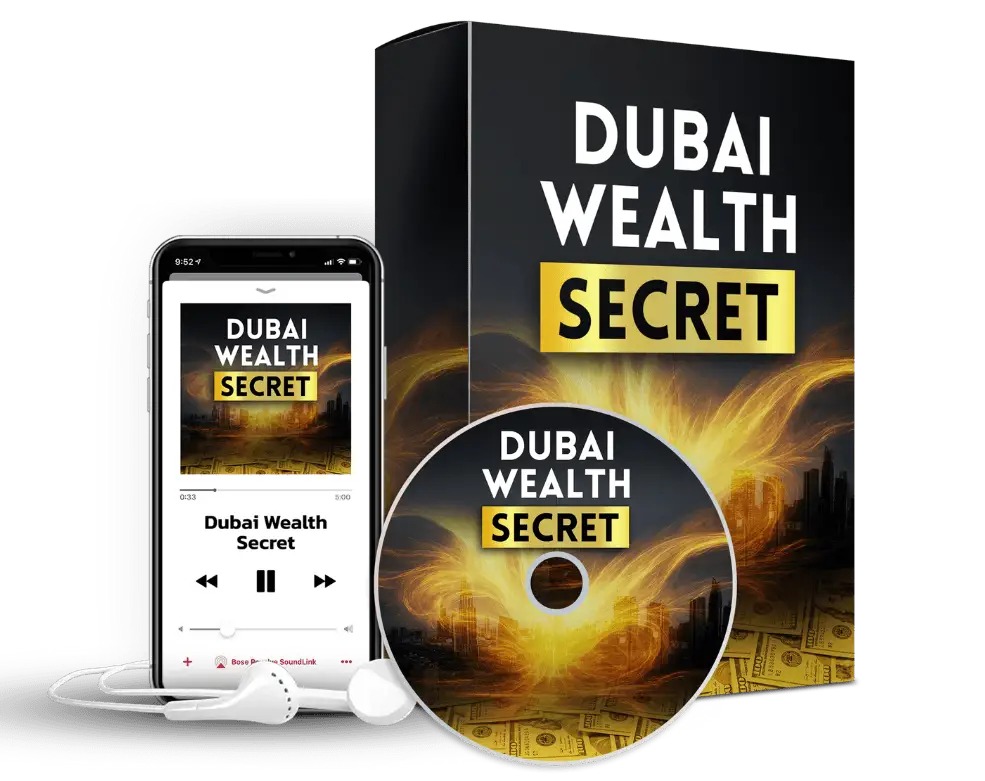 Dubai Wealth Secret digital training package shown as a box, disc, and audio app on a smartphone
