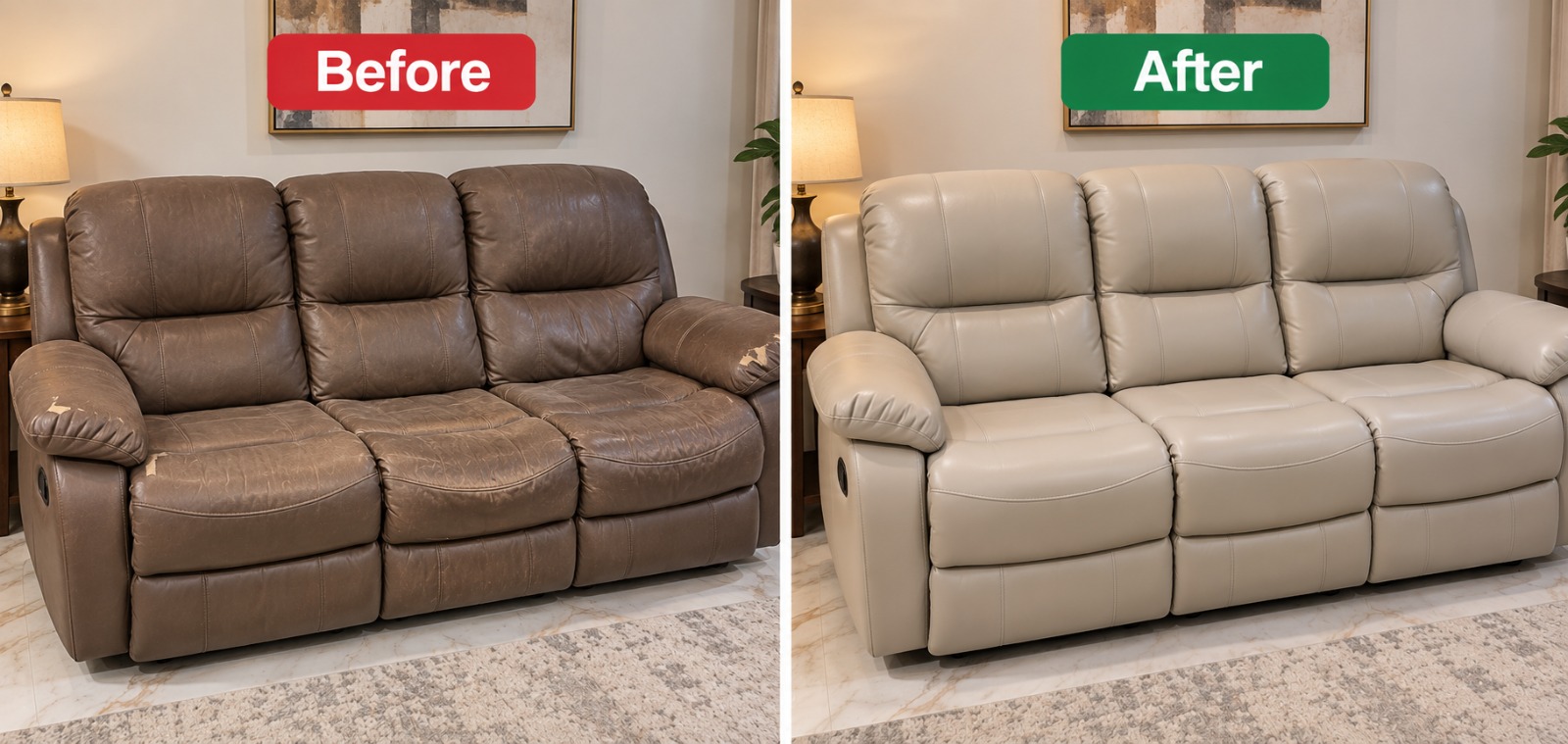 Three-Seater Recliner Sofa Re-Covered in Beige Leather – recliner repair in Central Delhi (after)
