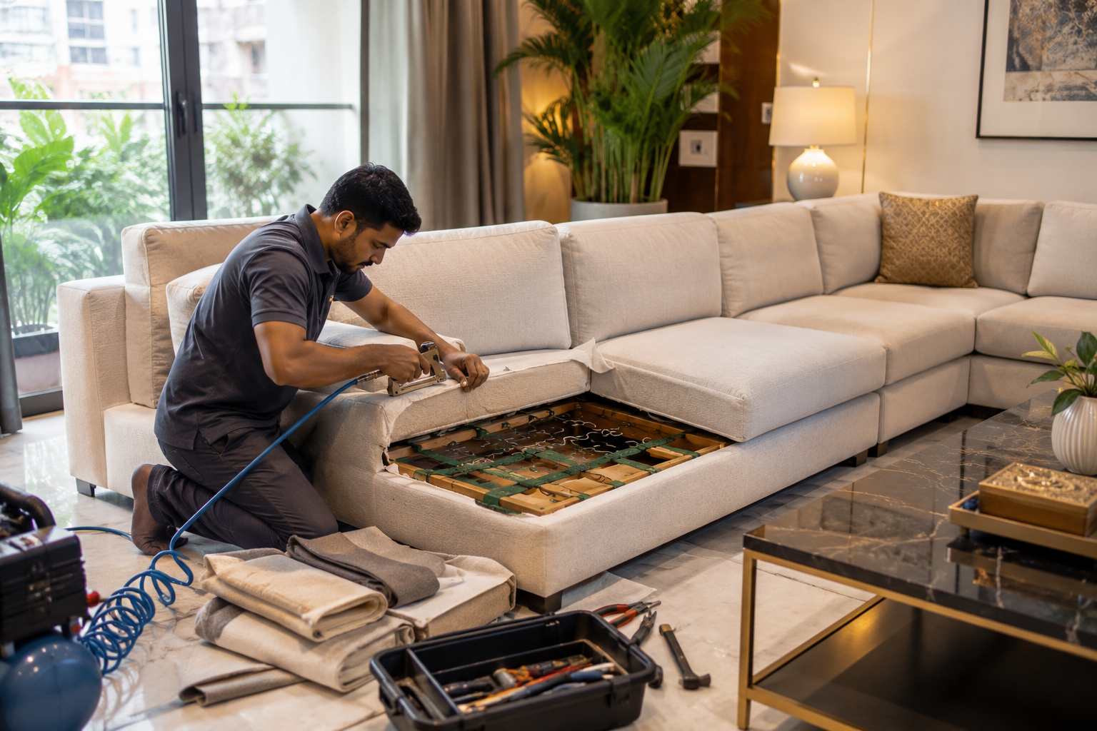 Sofa Upholstery technician at a customer's home in East Delhi