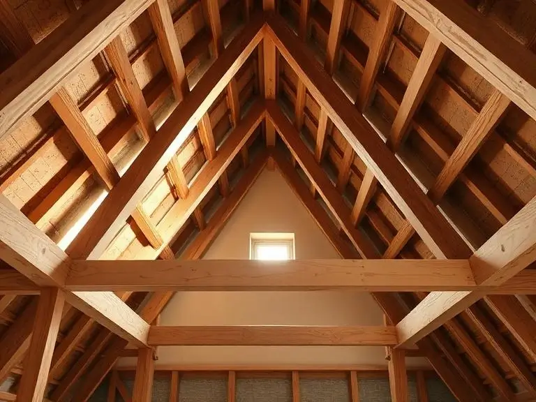 Interior view of a trussed rafter roof structure in an unconverted loft space in a Bracknell home, timber trusses visible with light from a small gable window