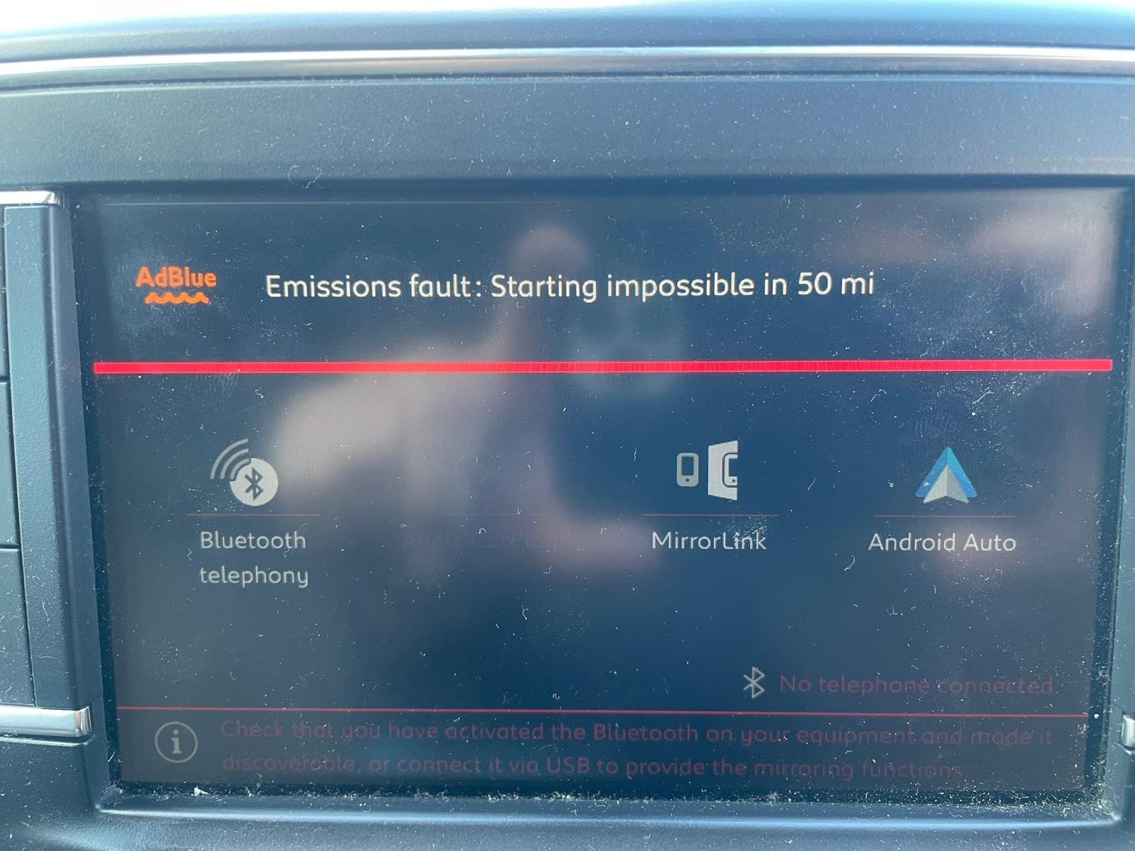 Citroën Berlingo dashboard showing AdBlue warning: “Emissions fault: Starting impossible in 50 mi”