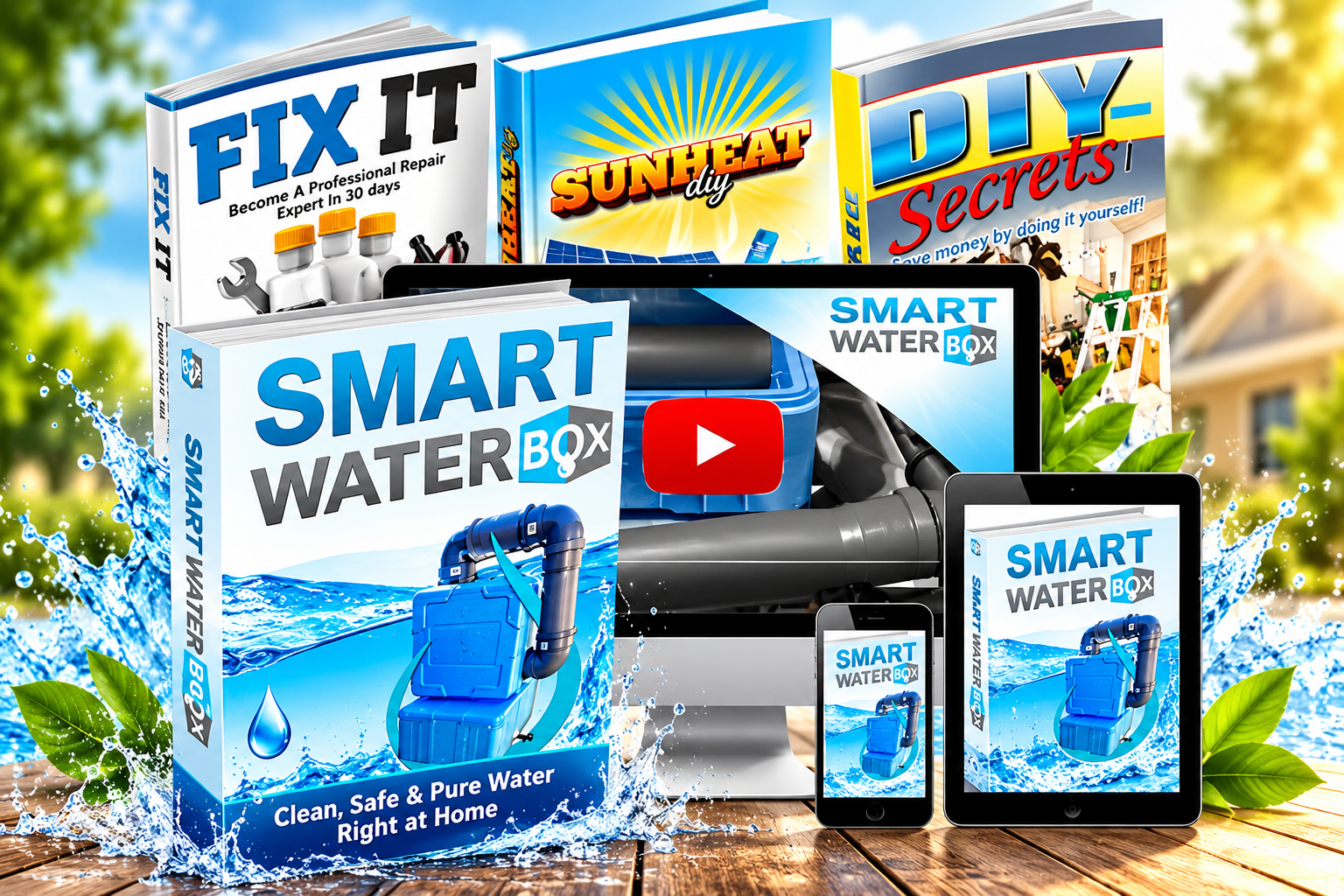 Smart Water Box guide cover reading Clean, Safe and Pure Water Right at Home, displayed across devices