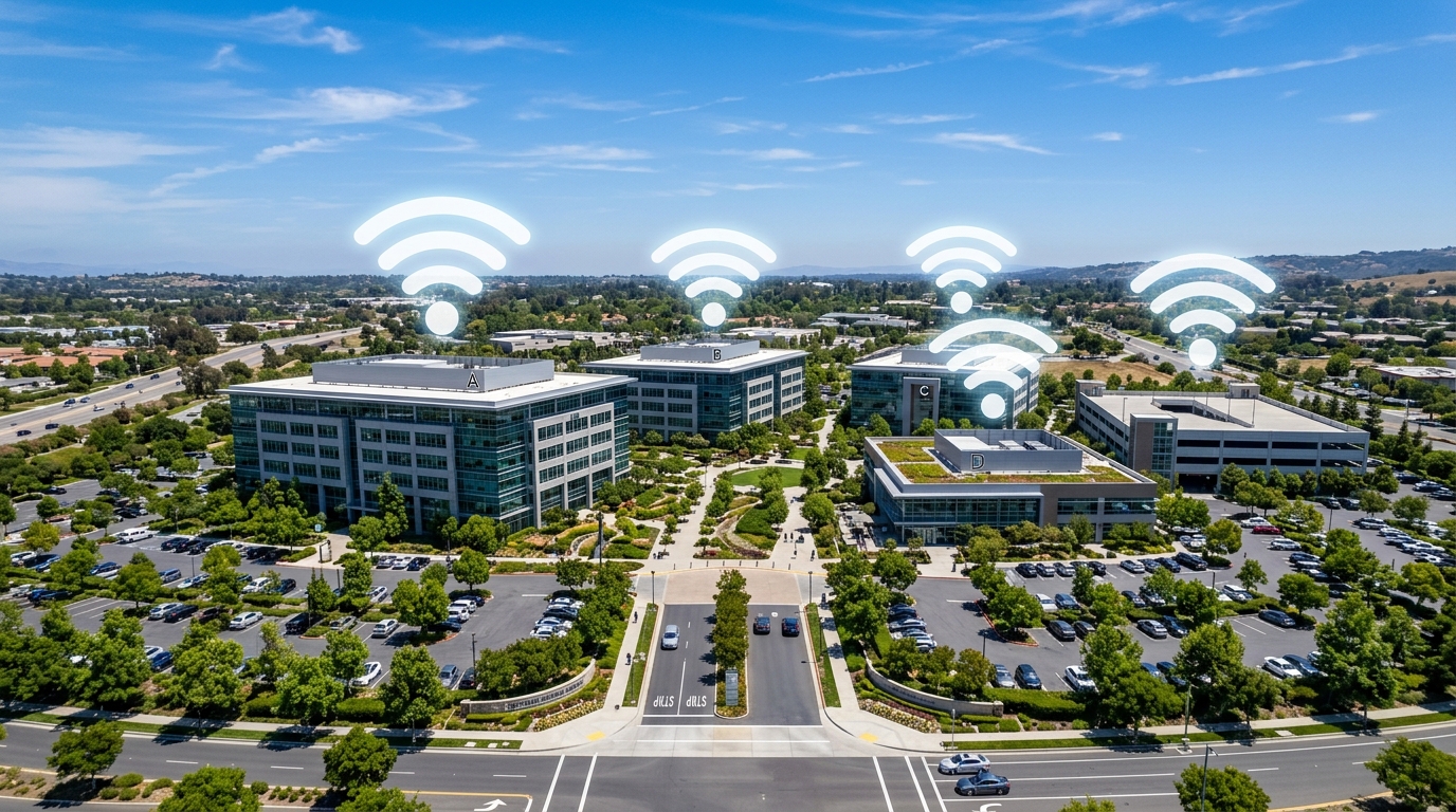 Aerial view of buildings with WiFi coverage signals showing enterprise wireless deployment
