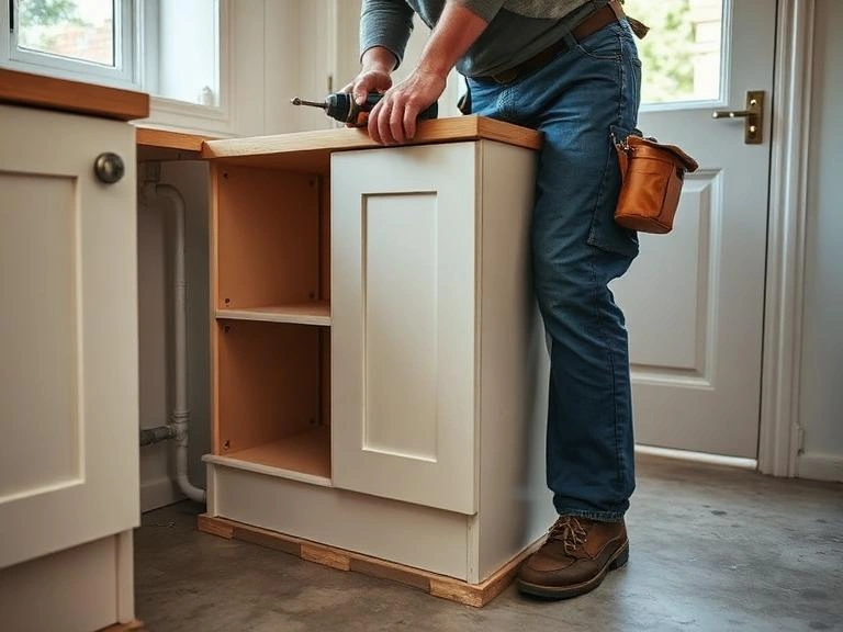A carpenter installing a bespoke wooden cabinet unit using a power drill during an internal joinery property maintenance project in Maidenhead.