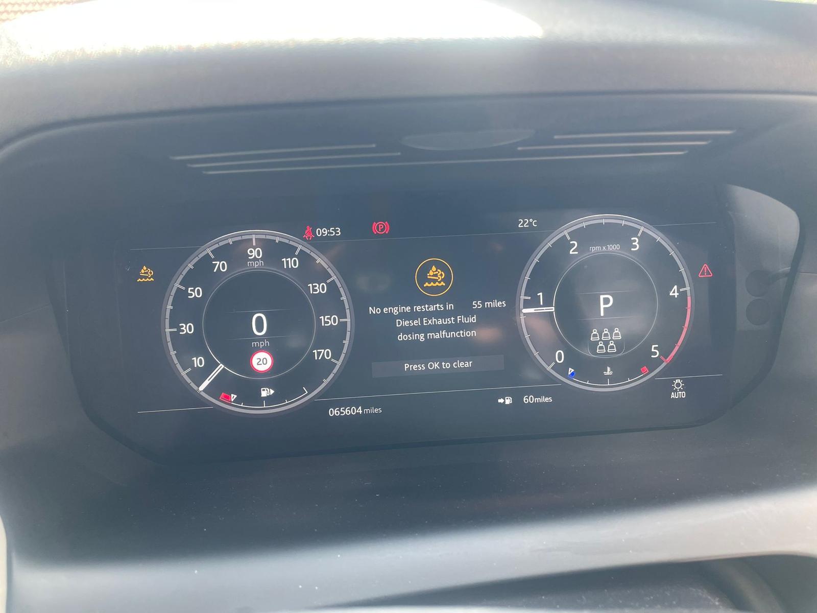 Range Rover Evoque dashboard showing AdBlue warning: “No engine restarts in 55 miles. Diesel Exhaust Fluid dosing malfunction”