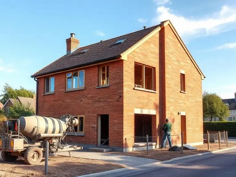New build detached red-brick house under construction in Berkshire with slate roof, chimney, and cement mixer on site