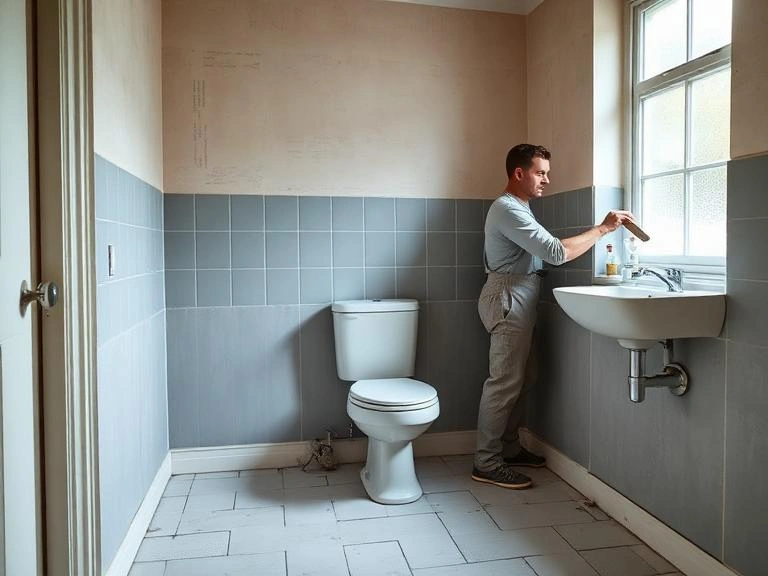 AA Contractor bathroom fitter working on a bathroom refurbishment project featuring grey wall tiling and clean sanitaryware installation in Wokingham.