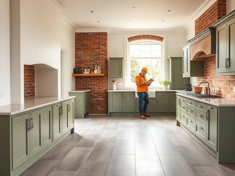 A fully fitted modern kitchen with sage green shaker cabinets, white countertops, and exposed brick feature walls completed by AA Contractor in Berkshire.