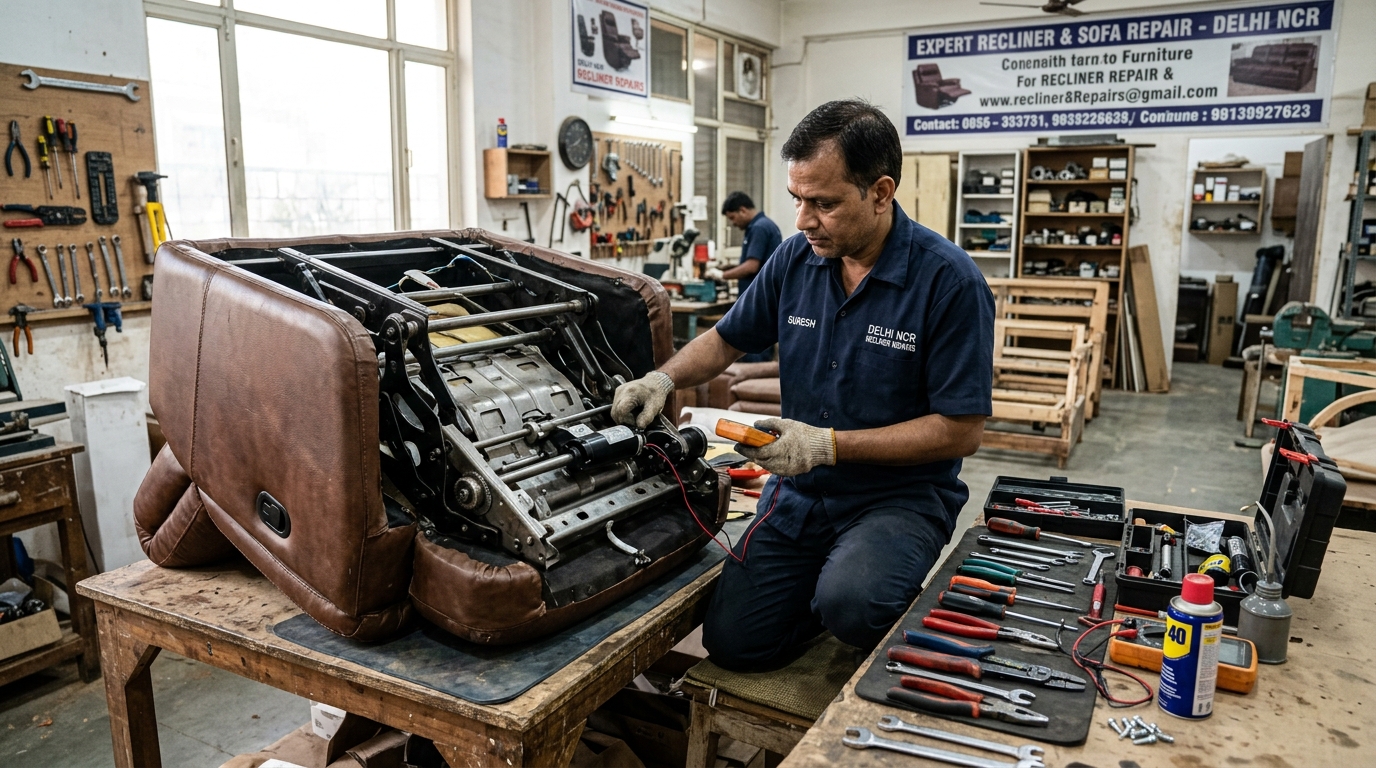 Electric recliner motor being inspected and repaired by a professional technician in Delhi NCR