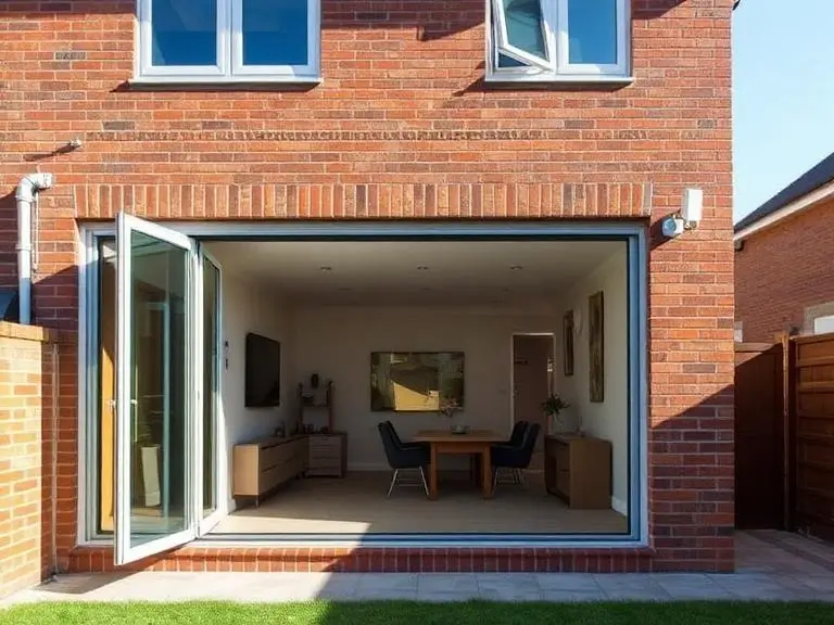 Completed single-storey rear extension on a red brick house in Bracknell with large aluminium bifold doors open to a patio and garden