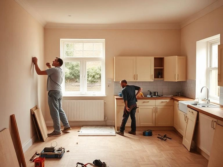 Two property maintenance tradesmen prepping walls and cabinets during a multi-trade kitchen installation in a Reading residence.