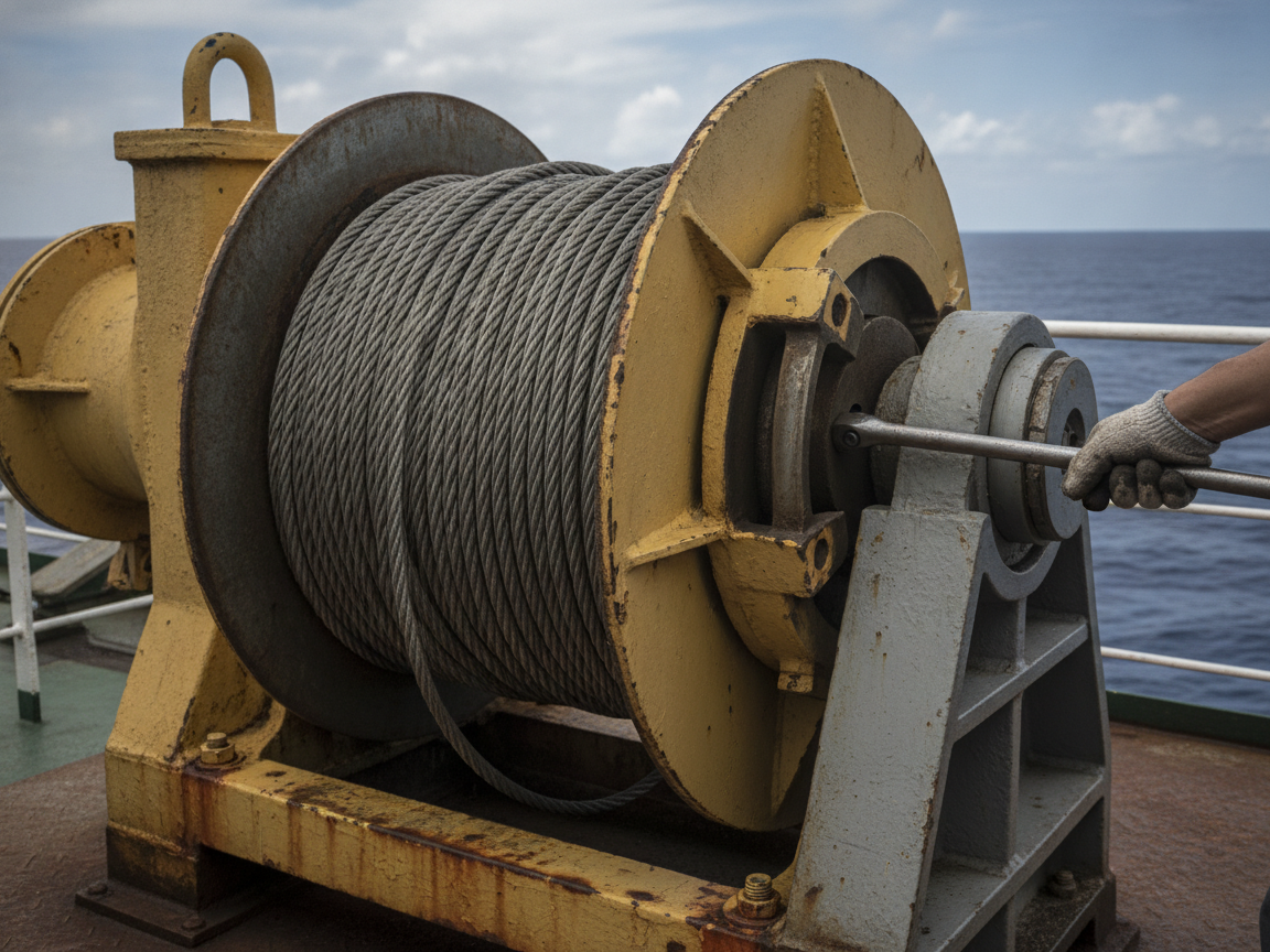 Lifeboat davit winch brake and wire rope drum during load test service