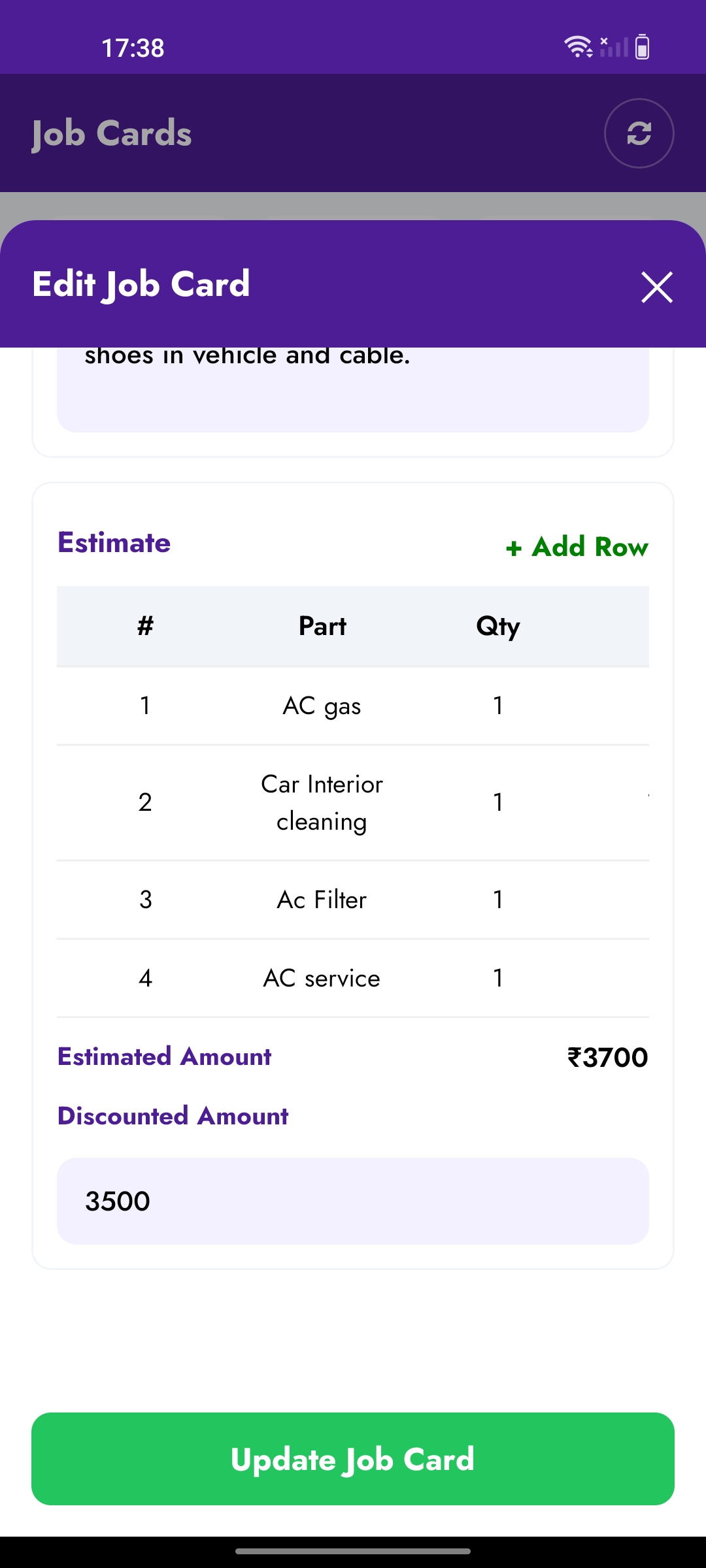 Edit Job Card Estimate