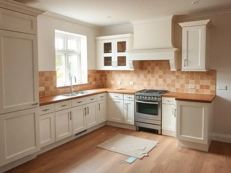 Newly fitted kitchen in a Bracknell home with cream shaker-style units, oak worktops, tiled splashback, and integrated appliances, natural light from a window