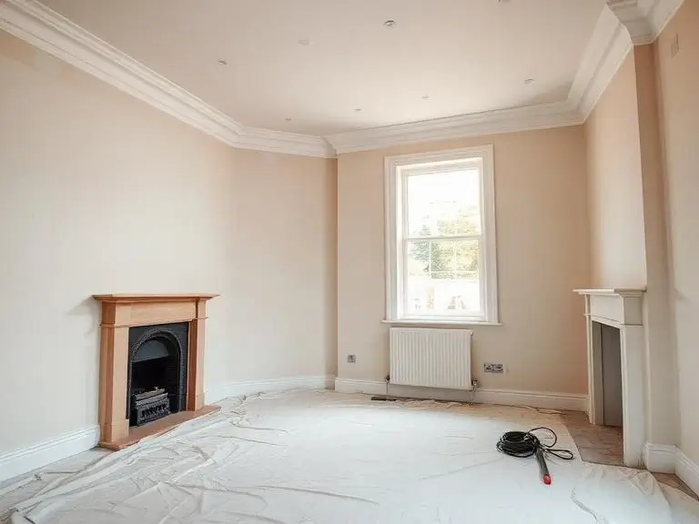 Interior of a Bracknell home being prepared for painting, fresh plaster and paint on walls, dust sheets protecting the floor, original fireplace and sash window visible