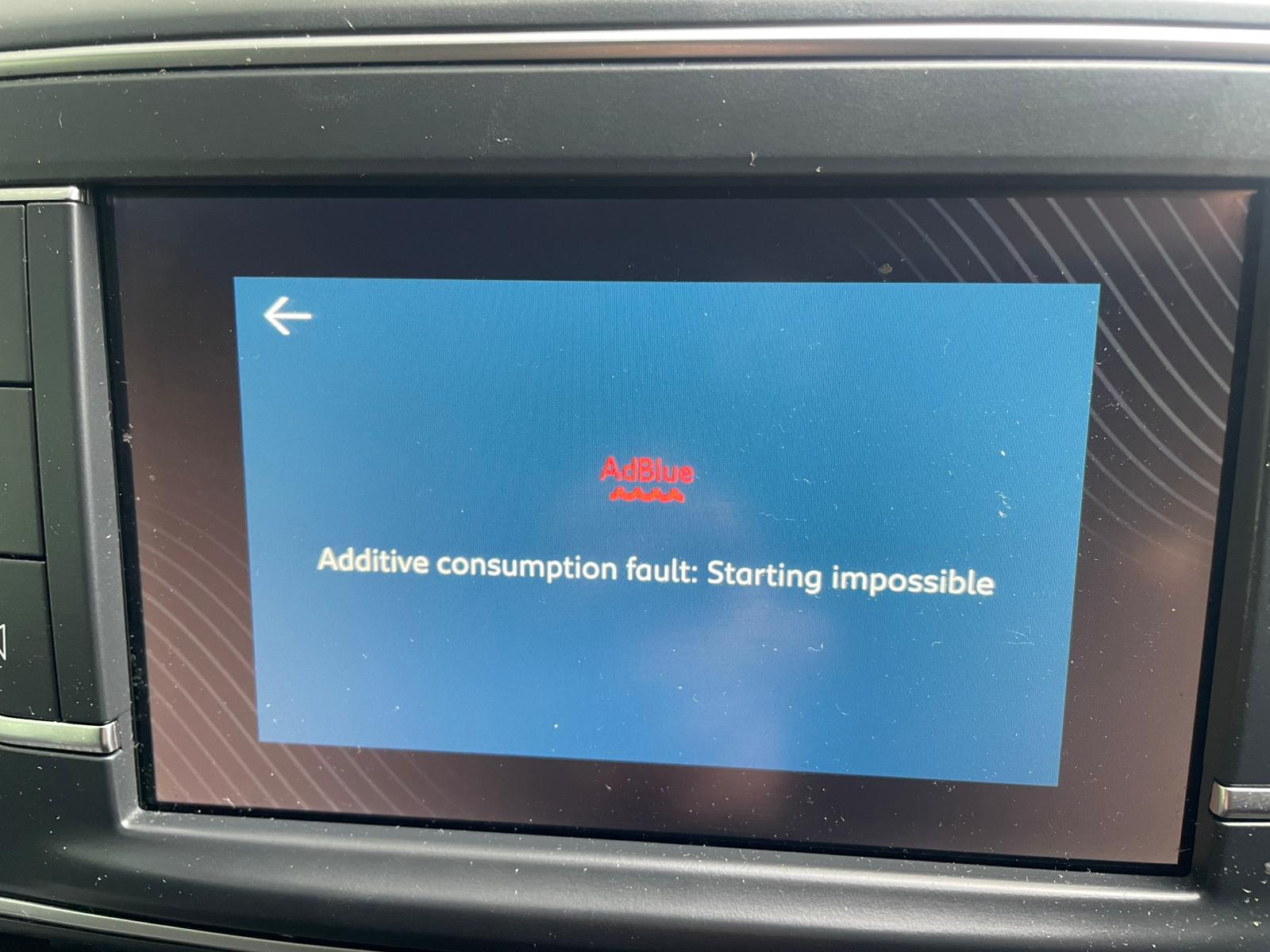 Peugeot Partner dashboard showing AdBlue warning: “AdBlue. Additive consumption fault: Starting impossible”