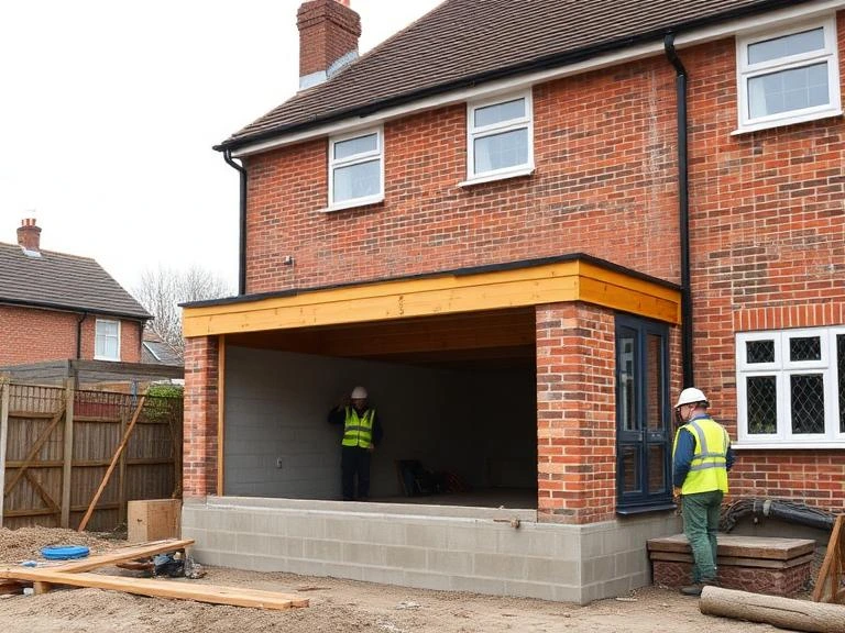 Single-storey rear house extension under construction on a red brick semi-detached property in Newbury with two builders in hi-vis vests on site