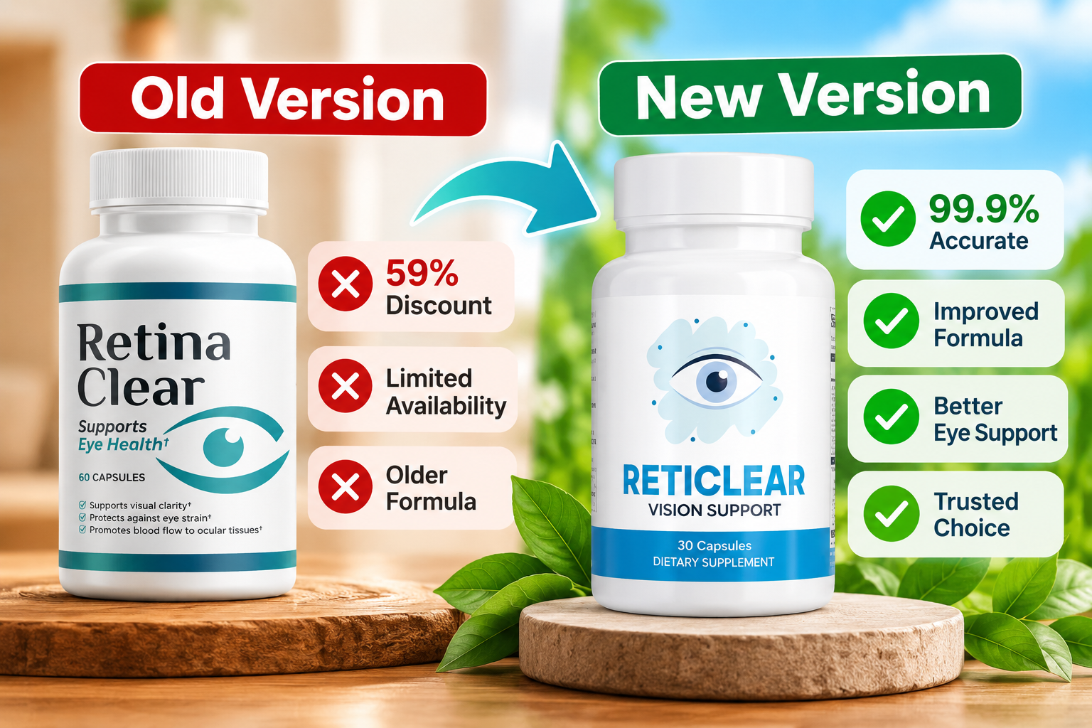 RetinaClear™ original bottle and the updated Reticlear™ Vision Support bottle on wooden stands