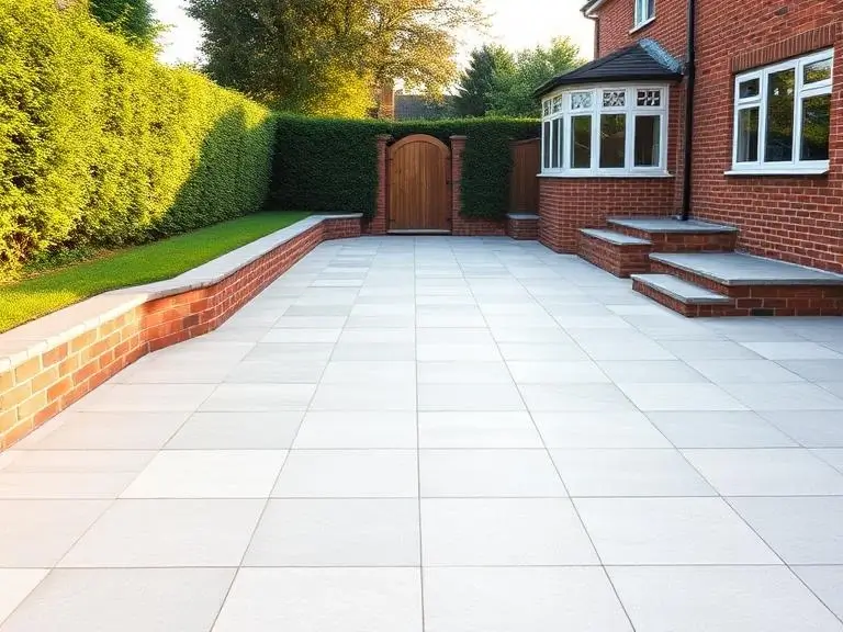 Completed porcelain patio with brick retaining wall and timber gate at a large red-brick property in Ascot, Berkshire