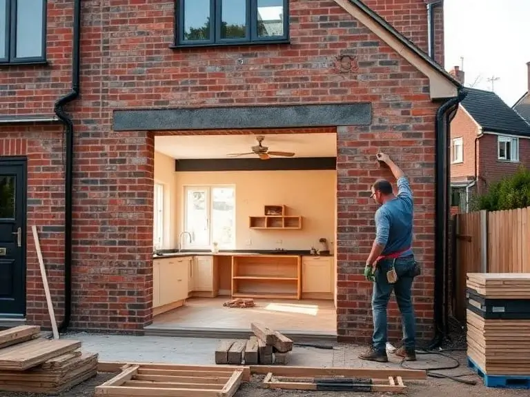 Builder working on the rear opening of a house extension in Ascot, with a kitchen visible through the bifold door frame during construction