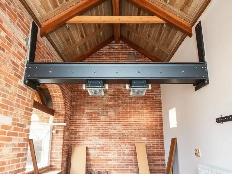 Large steel RSJ beam spanning an opening in a Bracknell property during a structural alteration, exposed brick walls and original timber roof structure above