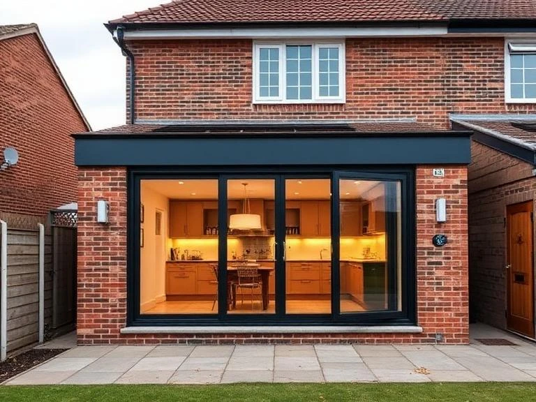 Completed single-storey rear kitchen extension with aluminium sliding doors on a red brick semi-detached house in Newbury