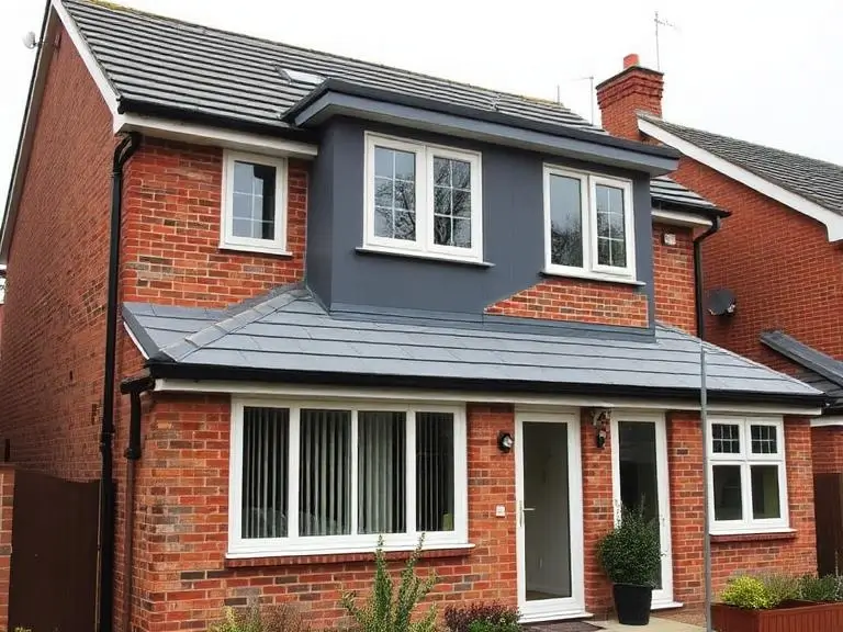 Completed dormer loft conversion on the front of a red brick semi-detached house in Bracknell, grey render finish to the dormer, white UPVC windows, matching roof tiles