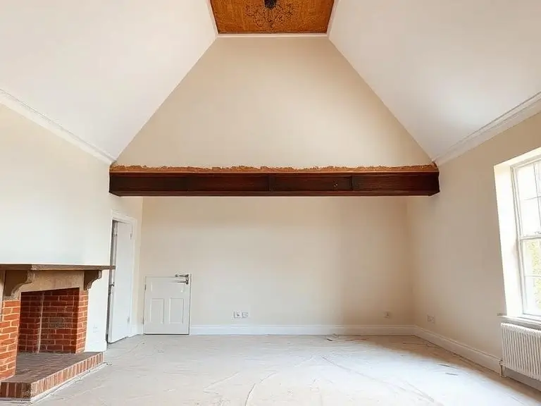Large period property room in Ascot mid-renovation showing a heavy timber structural beam, high vaulted ceiling, and original brick fireplace