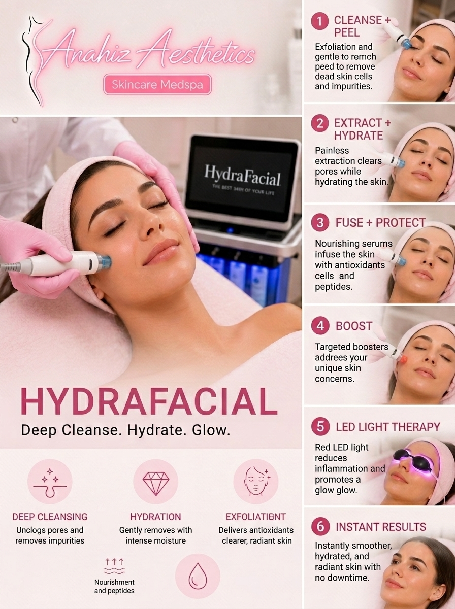 Hydrafacial step-by-step process — cleanse and peel, extract and hydrate, fuse and protect, boost, LED light therapy, and instant results — Anahiz Aesthetics Skincare Medspa