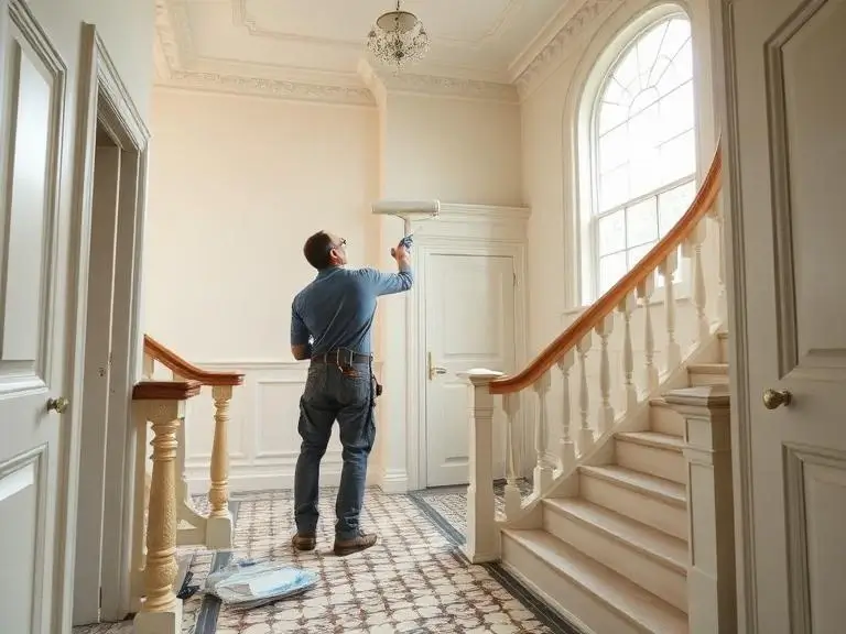 Painter and decorator applying paint in the entrance hallway of a large period property in Ascot, Berkshire, with original Victorian staircase and encaustic tile floor